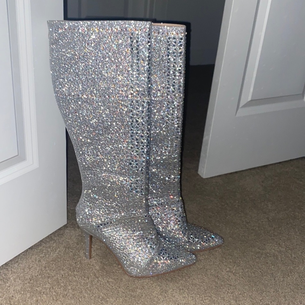 Rhinestone Stiletto Below Knee Boots